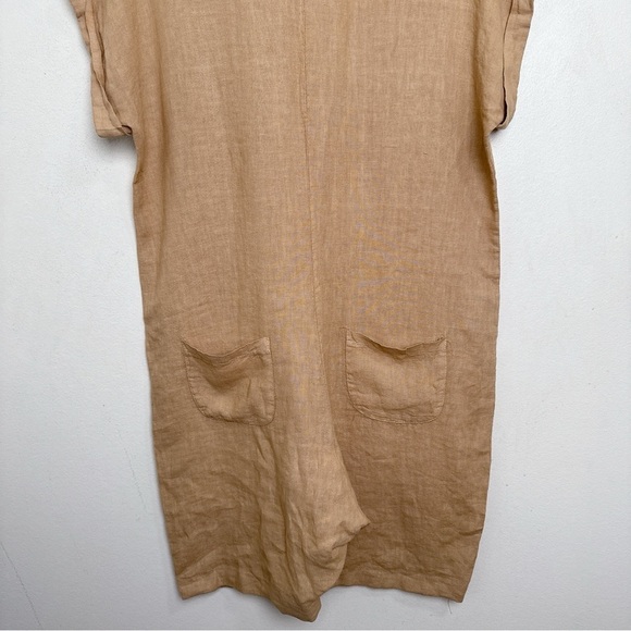 Made In Italy Womens Medium Linen Vneck Button Tan Romper - Picture 11 of 12
